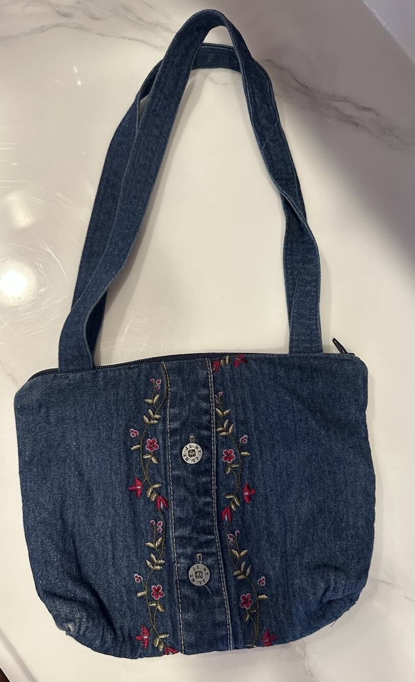 Vintage Handmade Blue Jean Purse Floral Embroidery Pocket Zip Close Boho Hipster